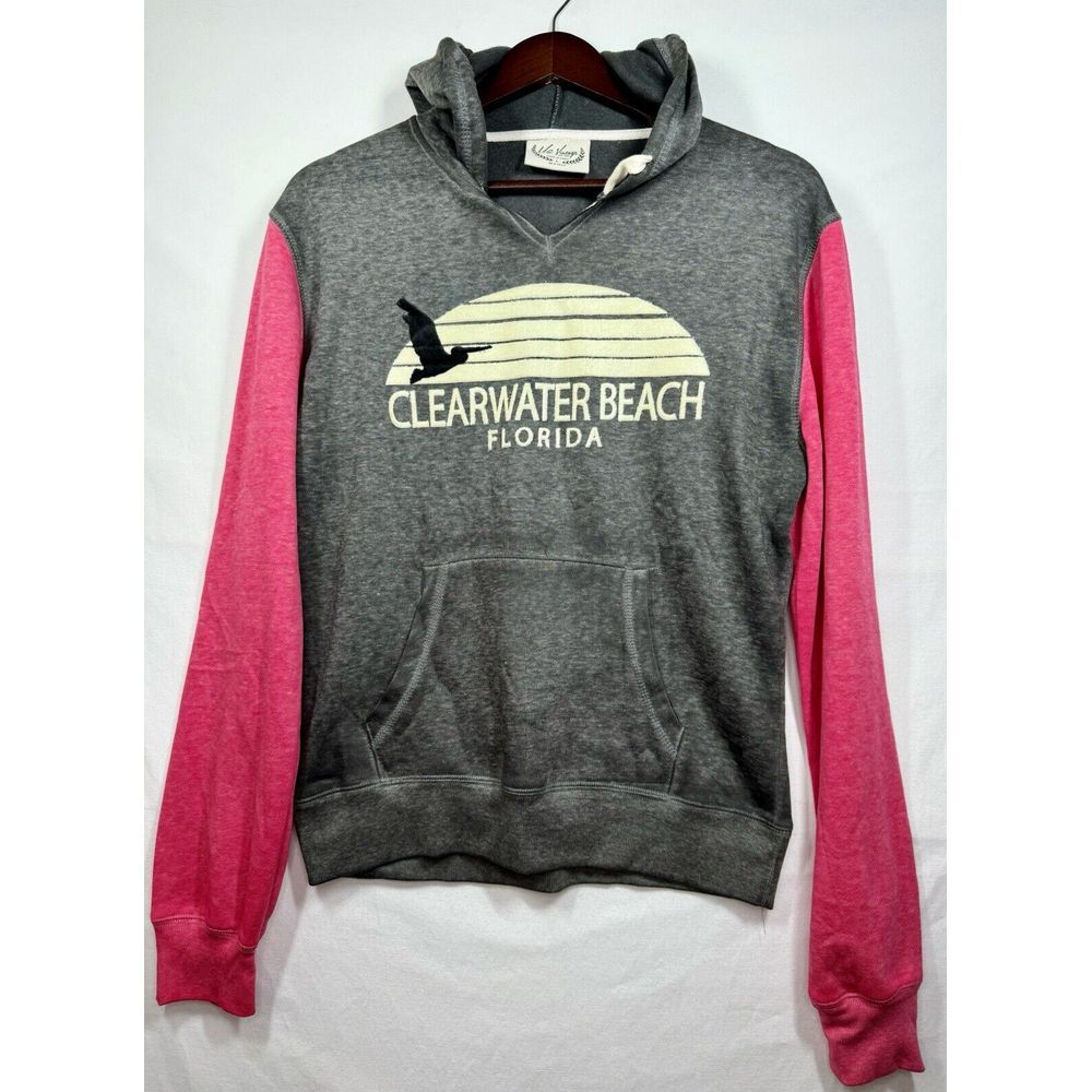 US Vintage Clearwater Beach Florida Gray/Pink Hoodie Junior Sz Large‎ NWT